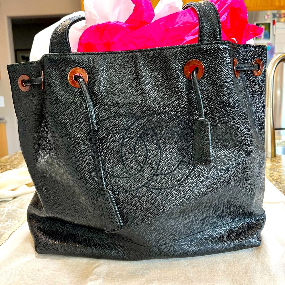 Chanel Black Grained Calf skin draw string tote